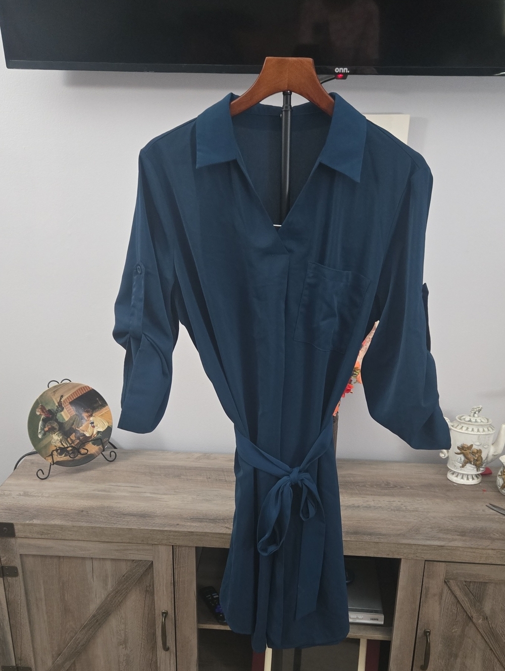 HALARA Deep Teal Blue Shirt Dress with Tie Waist